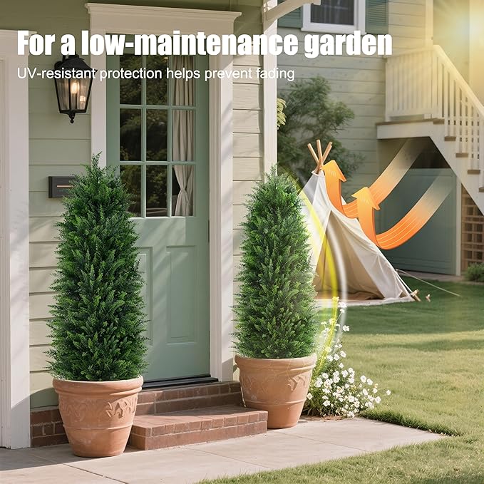 Artificial Cedar Trees 5FT, UV Resistant Faux Tree Potted Plants with Trunk 59in Fake Cypress Tree for Indoor Outdoor Garden Decor-2pack