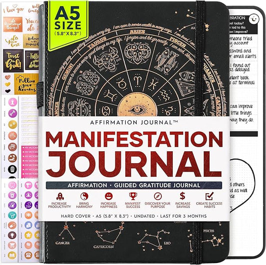 Manifestation Journal - 5 Minute Manifesting & Self Care Journal | 90-Day Undated Daily Planner for Positivity, Affirmations & Gratitude | Guided Mindfulness, Reflection | Vision Board + Stickers