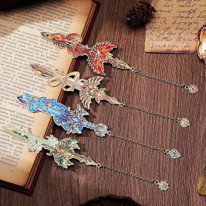 Fantasy Sword Bookmarks 4pcs - Medieval Knight Warrior Metal Book Marks for Readers, Gifts for Book Lovers, Cool Literary Page Holders for Reading Accessories, Men Women Teens, Christmas Birthday