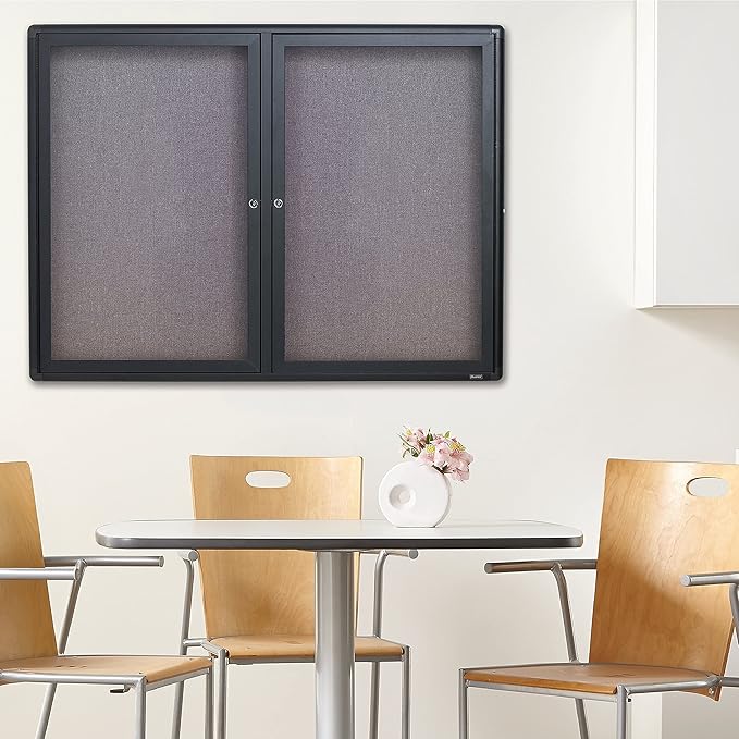 Quartet Enclosed Fabric Bulletin Board, 4 x 3 Feet, 2 Doors, Black Frame with Gray Fabric (2364L)