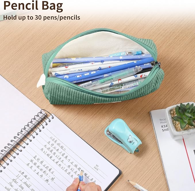 Pencil Bag Pen Case, Soft Corduroy Small Pencil Pouch Organizer with Zipper, Cute Pencil Case Pouch Stationery for Girls and Boys – Green