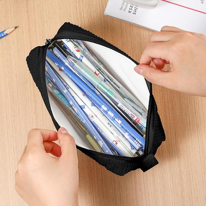 Pencil Bag Pen Case, Soft Corduroy Small Pencil Pouch Organizer with Zipper, Cute Pencil Case Pouch Stationery for Girls and Boys – Black