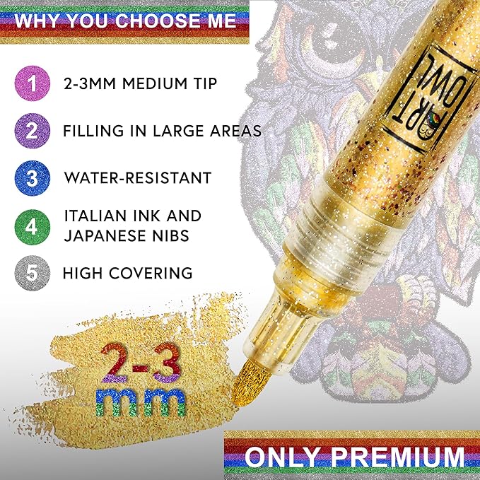 Acrylic Glitter Paint Marker Pens, Medium Pens for Rock Painting, Stone, Ceramic, Glass, Wood, Fabric, Card Making, Canvas, DIY Crafts - Set of 12 Sparkle Paint Markers