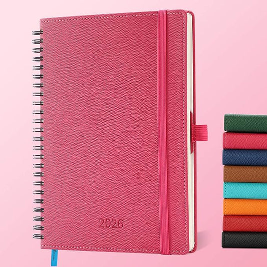 Planner 2026 Daily Weekly and Monthly,8.5"x6.5",12 Months Spiral Bound Calendar Agenda with Self-adhesive Pen Holder,2026 Appointment Book with Vegan Leather Soft Cover,Rose Red