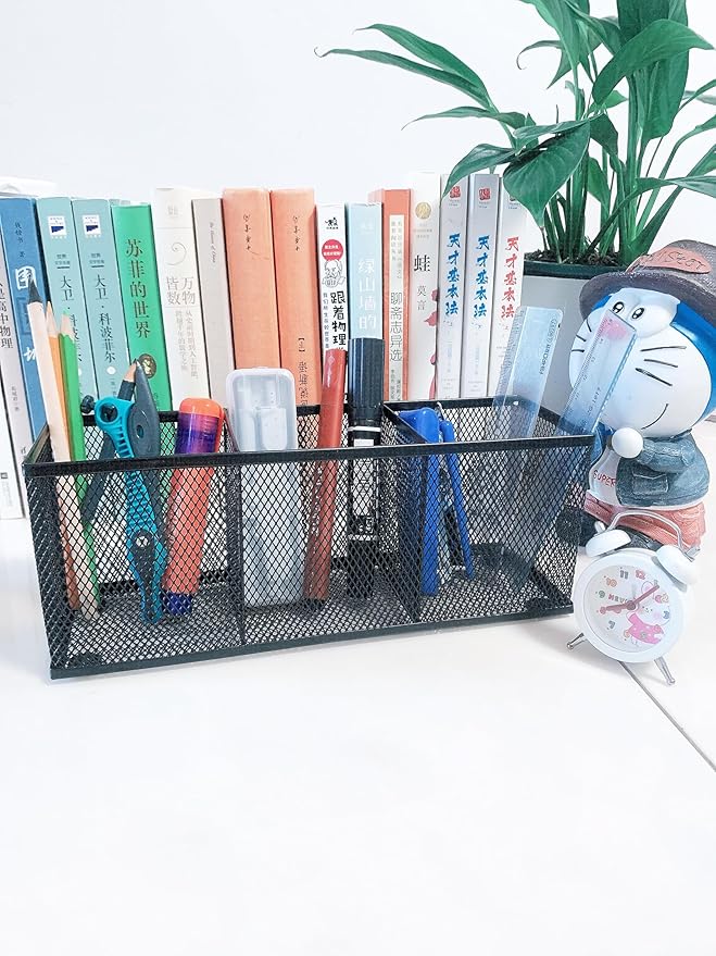 New Pencil Holder, Metal Mesh Pen Holder Desk Organizer 3 Compartments for Office School Home Supplies or Accessories,Kitchen Utensil,Small 10.43 x 3.3 x4 inch, Black(1pc pack)