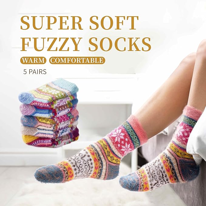 ICEIVY 5 Pair Fuzzy Cozy Socks for Women - Warm Comfy Soft Casual Home Sleep Winter Wool Socks - Gifts for Women