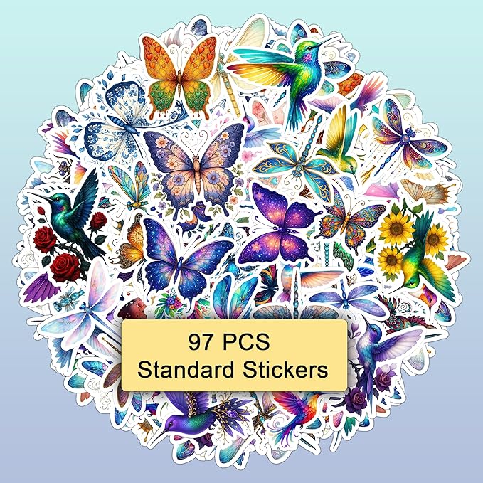 100 PCS Butterfly Dragonfly Hummingbird Stickers Pack, Vinyl Waterproof Decals of Colorful Butterflies Delicate, Gift for Kids Teens Adults Wall Decor Laptop Water Bottle Scrapbook Helmet