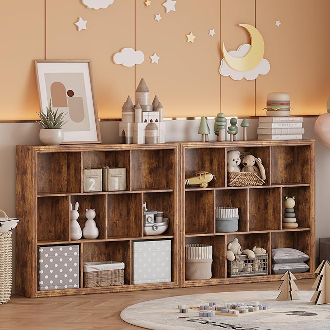 Wooden 10-Cube Storage Organizer, 3-Tier Bookshelf, Wood Brown Bookshelf, Bookcase, Cubical Storage Shelf with 3 Removable Back Panels for Bedroom Home and Office (Brown)