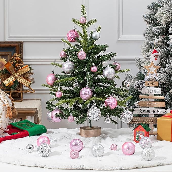 100ct Pink and Silver Christmas Ornaments Set, Shatterproof Christmas Decorations for Tree Plastic Xmas Ball Ornaments with Assortment of Designs and Size for Holiday Party Decor (Pink & Silver)