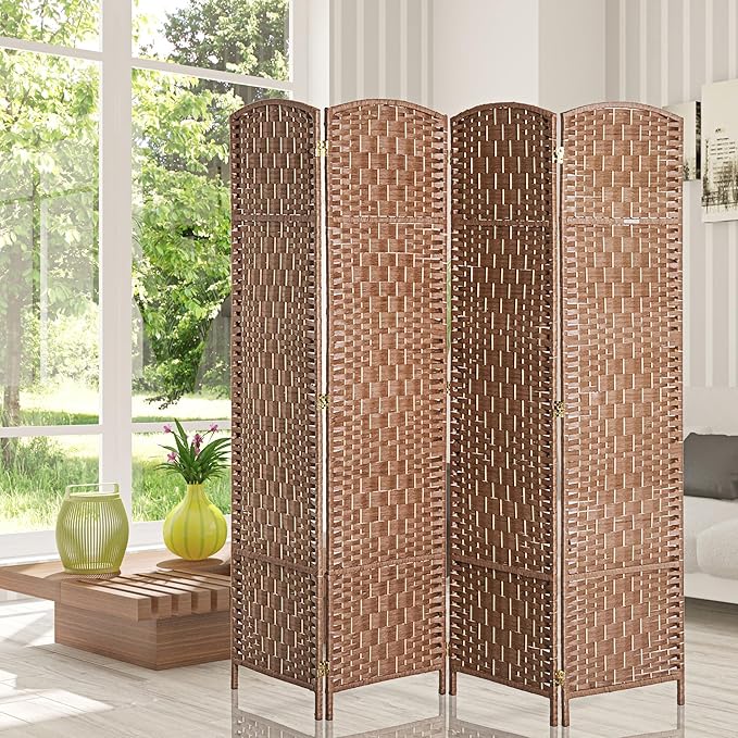 HOMCOM Room Divider 4 Panels Folding Privacy Screen 6FT Tall Portable Wicker Weave Partition Wall Divider for Bedroom Home Office, Natural Wood