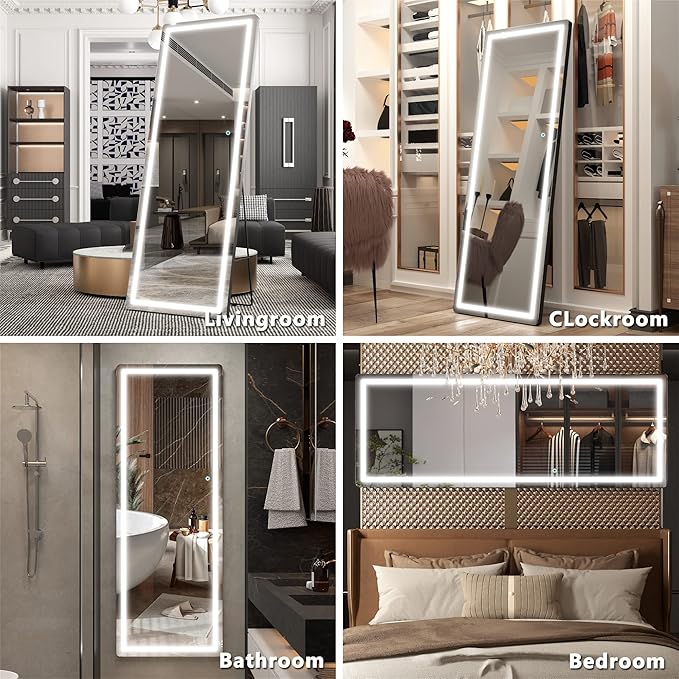 Hasipu Full Length Mirror with Lights, 61" x 22" LED Floor Mirror, Full Body Dressing Standing, Hanging Mounted Mirror for Living Room Bedroom Cloakroom, Round Black