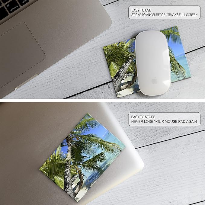 Adhesive Mouse Pad - Peel and Sticks to Any Surface - Travel Mouse Pad, Sticky for Any Surface - Excellent Tracking - Beach Palms in The Sand