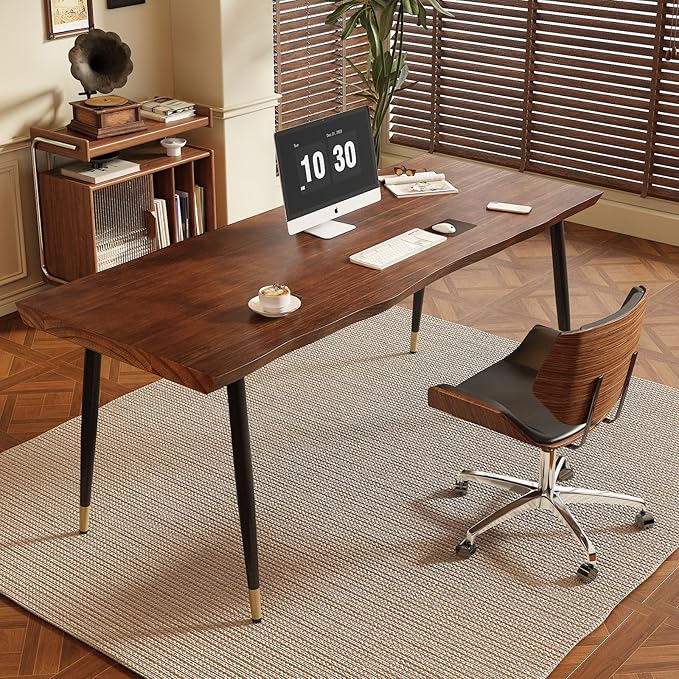 Solid Wood Desk 55 inches, Home Office Computer Desk Wooden Rustic Writing Desk Metal Modern Simple Design Executive Real Wood Desk(Walnut)