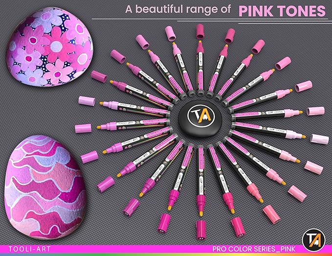 TOOLI-ART 22 Acrylic Paint Markers Paint Pens Pro Color Series Set 3mm Medium Tip for Rock Painting, Glass, Mugs, Wood, Metal, Glass Paint, Canvas, DIY. Non Toxic, Waterbased, Quick Drying (PINK)
