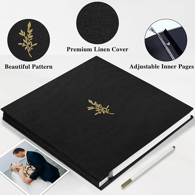 Self Adhesive Photo Album, Black Scrapbook Album with DIY 40 Blank Pages, Wedding Photo Album with A Metallic Pen for 4x6 5x7 2x3 Pictures, 10.6"x11"