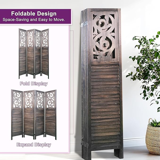 Room Divider, 5.6FT Folding Room Divider Panel, 4 Panel Craved Wood Partition Wall Divider for Room Separation, Rustic Brown