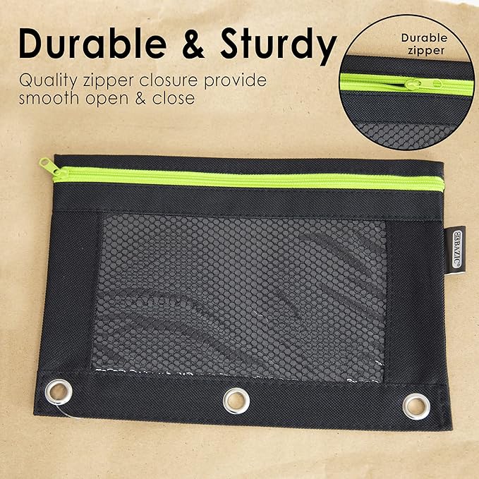 BAZIC Pencil Pouch 3 Ring Binder Pouch w/Rivet Enforced Rings Holes, Neon Black Color Mesh Window Zipper Pouches, 6-Pack