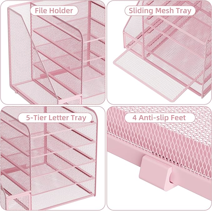 Marbrasse Desk Organizers and Accessories, 5-Tier Paper Letter Tray Organizer with File Holder, Mesh File Organizer, Office Desk Accessories & Organization for Supplies (Pink)