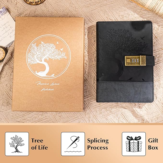 Vintage Diary with Lock for Women Men 256 Pages Leather Password Journal with Lock A5 Locked Journals for Writing Note Taking, 5.9x 8.3 in, Black