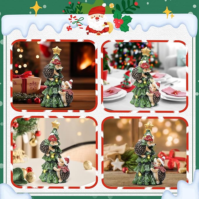 Christmas Hedgehog Statue with Lights for Christmas Decorations Indoor, Christmas Tree Hedgehog Figurine for Home Decor, Winter Xmas Holiday Decor for Table Shelf Mantle Fireplace,Xmas New Year Gifts