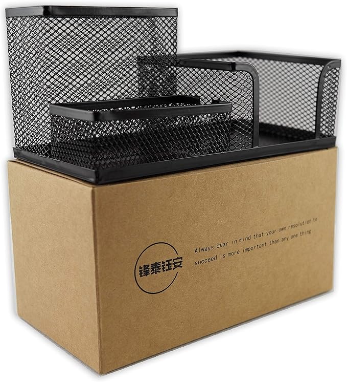 Fengtaiyuan T04, Black Metal Wire Mesh Pencil Holder, Desk Organizer (Black-T04)