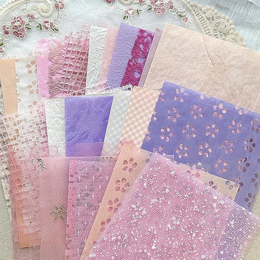 Aromoty 30 sheets A5 Unique Textured Scrapbook Paper&Mesh Fabric set - Handmade Craft Mulberry Special Paper Mix for Scrapbooking Junk Journaling Supplies Card DIY Materials Collage, 5.8x8.2 Inches