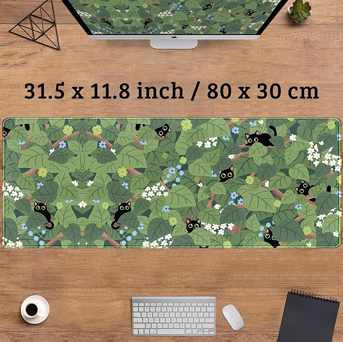 Green Mousepad Desk Mat Cute Anime Black Cat Kawaii Mouse Pad Gaming XL Large Extended Sage Leaves Desk Matt for Desktop, Computer Keyboard Mouse Mat for Women Office Decor Accessories 31.5x11.8 in