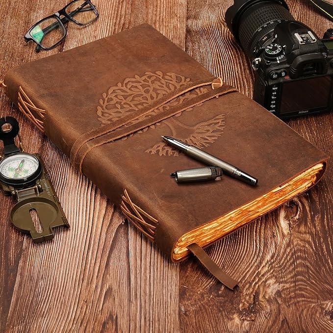 LUXEORIA Tree Of Life Leather Journal for Women and Men, Handcrafted Leather Journal for Writing Womens, Sketchbook, Travel Diary with Unlined Deckle Paper, Distressed Brown 8x13