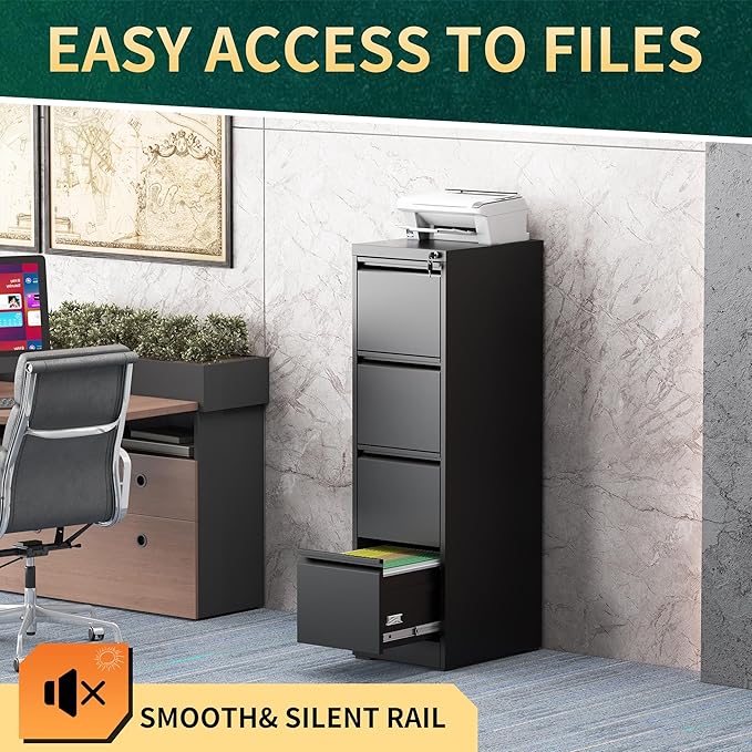 4 Drawer File Cabinet with Lock, Steel Vertical Filing Storage Cabinet for Home Office, Heavy-Duty File Cabinets for Letters/Legal/A4 (Require Assembly, Black)