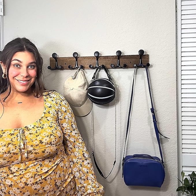 SKOLOO 24-Inch Wood Burnt Coat Rack Wall Mount with 5 Triple Hooks - Ideal for Family Entrances, Classrooms, and Pet Supplies Storage - Perfect Coat Hooks for Wall