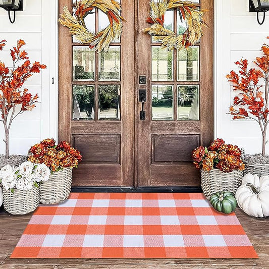 Orange and White Plaid Rug, 28'' x 43'' Fall Front Door Decor Mat, Cotton Washable Hand-Woven Door mat for Layered Doormat, Autumn Halloween Thanksgiving Carpet for Porch, Entryway
