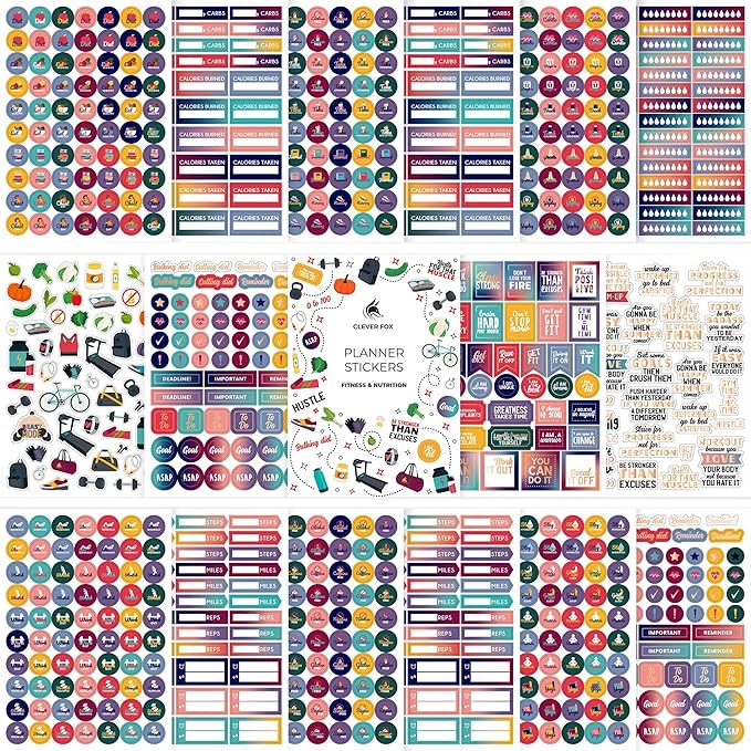 Clever Fox Planner Fitness Sticker Set - Monthly, Weekly & Daily Planner Stickers 16 Sheets Set of 840+ Unique Stickers (Fitness & Nutrition)