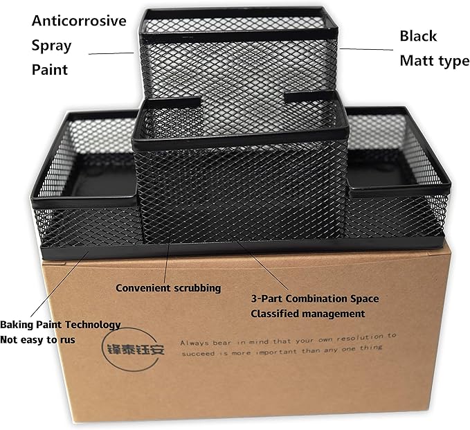 Fengtaiyuan T02 Black-Plus, Big Black Metal Wire Mesh Pencil Holder, Desktop Organizer