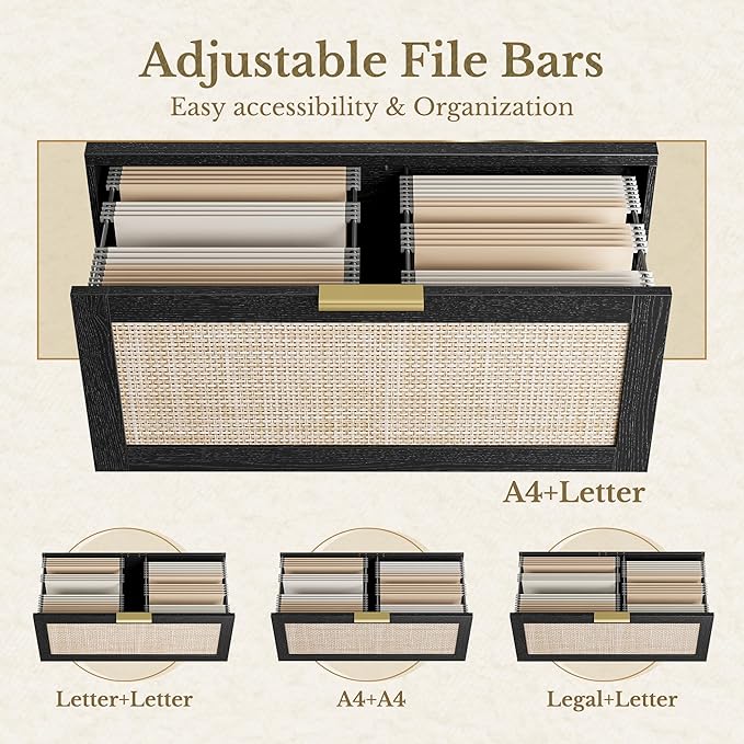 2 Drawer Rattan File Cabinet, 32'' Lateral File Cabinet for Legal/Letter/A4/F4 Size Hanging Files, Wood File Storage for Home Office, Black