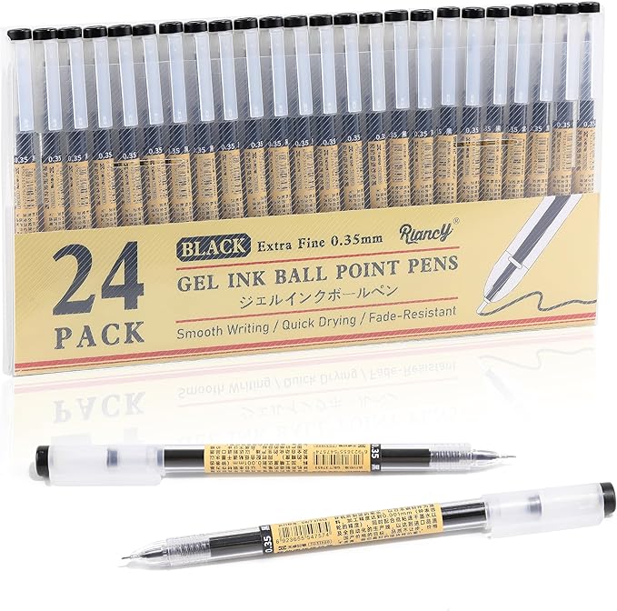 RIANCY Black Gel Ink Pens, 0.35mm Extra Fine Point Tip Smooth Writing Rollerball Pens, Japanese Style No Smudge Ballpoint Pen, Quick Drying for Journaling Office School Stationery Supplies 24pcs
