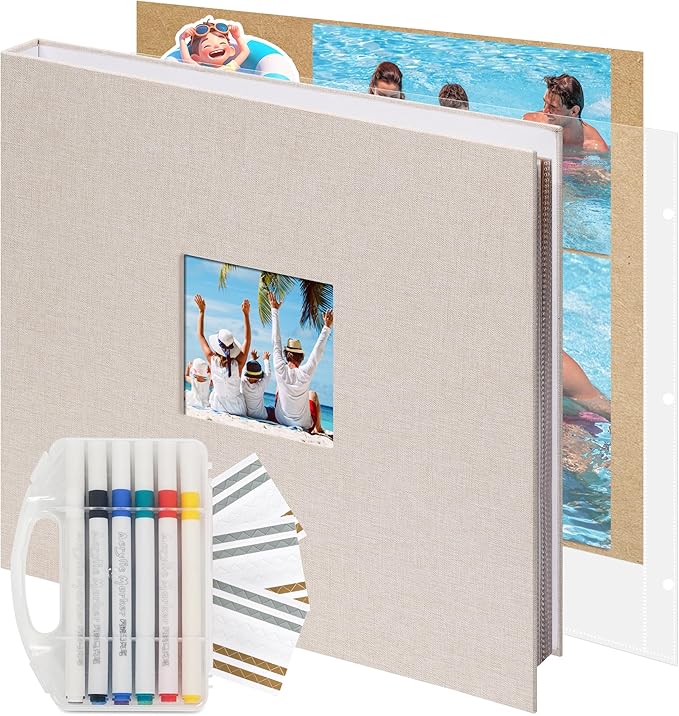 Vienrose Scrapbook Photo Album 12x12 Inch 3 Ring Binder, Linen Cover Large DIY Scrapbooks with 30 Sheets Plastic Sleeves 60 Pages Blank Khaki Inner Pages for Wedding Birthday Travel Baby Photos Beige