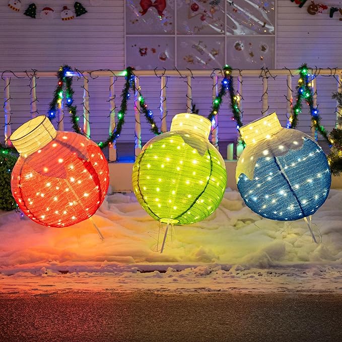 Dazzle Bright Christmas Ball Decorations, 3 Pcs Pre-Lit 270 LED Pop-Up Christmas Ball Set with Base, 8 Modes Lighted Collapsible Balls for Indoor Outdoor Garden Yard Party Xmas Decor