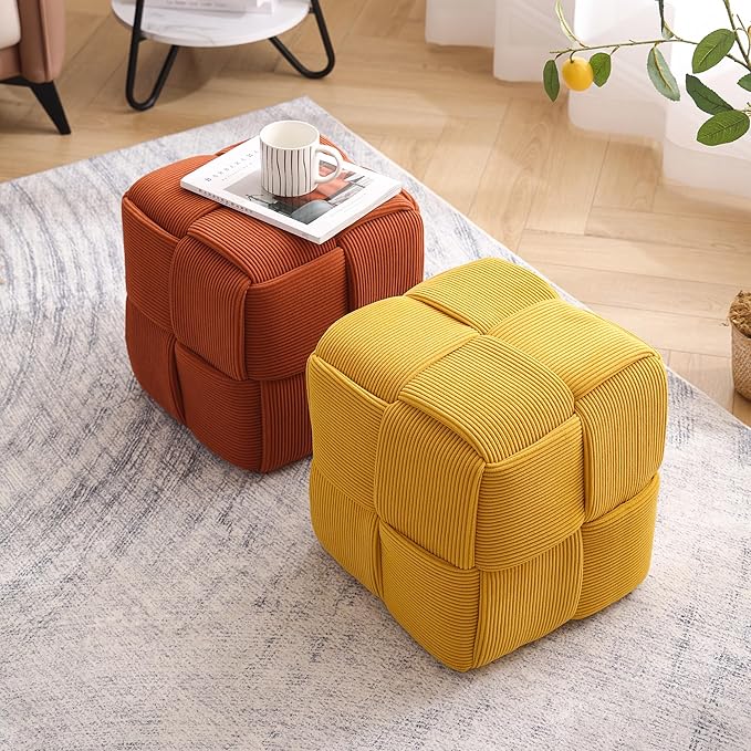 Ottoman Foot Rest Soft and Comfortable Ottoman Square Corduroy Woven Design Sofa Stool (Yellow)