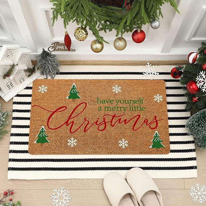 2 Pcs Christmas Door Mat Outdoor Have Yourself a Merry Little Christmas Nature Coir Welcome Outdoor Rug Black White Stripe Xmas Rugs for Front Porch Floor Indoor Entrance Decor