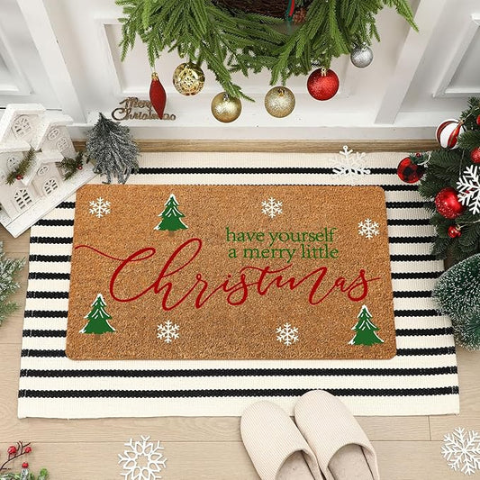 2 Pcs Christmas Door Mat Outdoor Have Yourself a Merry Little Christmas Nature Coir Welcome Outdoor Rug Black White Stripe Xmas Rugs for Front Porch Floor Indoor Entrance Decor