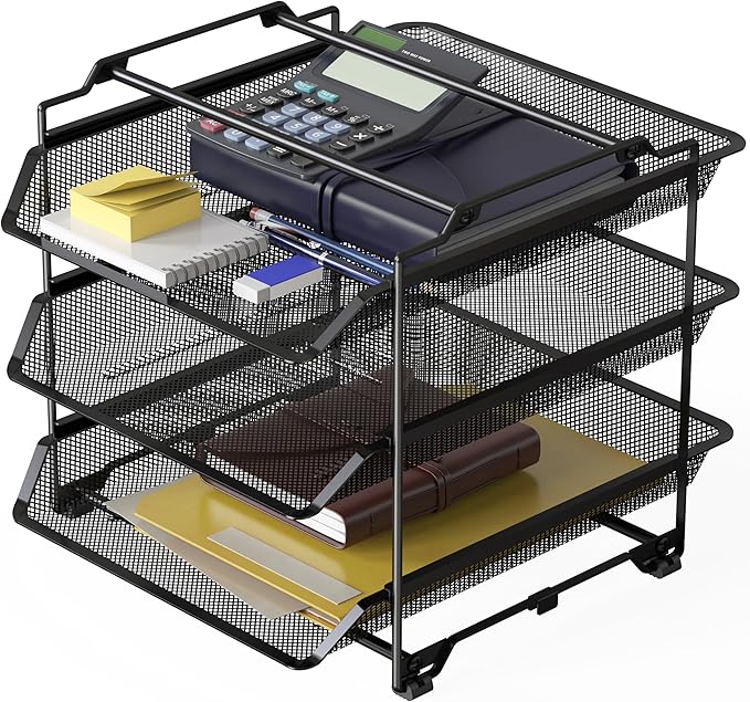 Deco Brothers Stackable Sliding Letter Tray Paper Organizer, 3 Tier, Black