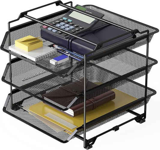 Deco Brothers Stackable Sliding Letter Tray Paper Organizer, 3 Tier, Black