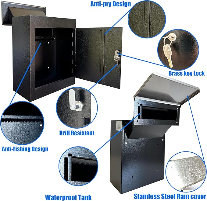 Through-The-Wall Drop Box with Rainproof Cover | Heavy Duty Through Wall Mailbox with 10-Inch Adjustable Chute | Rainproof Locking Drop Safe for Mail, Rent, Checks, Cash, and Keys, Black