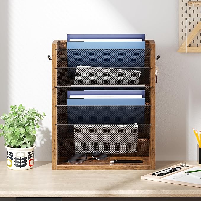 Hanging Wall File Organizer, 6 Tier Wood Wall File Holder with 2 Hooks, Mail Organizer Wall Mounted with Bottom Flat Tray, Vertical Paper Desk Storage for Office, Home, Rustic Brown