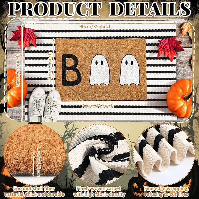 2 Pcs Halloween Welcome Door Mat Ghost Outdoor Welcome Mats for Front Door Non Slip Cute Ghost Coir Floor Mat Black White Stripe Halloween Rug for Outside Front Porch Entryway Decor