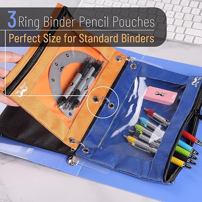 Mr. Pen - Pencil Pouch, Blue and Orange, 2 Fabric Pencil Pouches, Binder Pockets, Pencil Case, Binder Pouch, Pencil Bags, Pencil Pouch 3 Ring, Pencil Bags with Zipper, Zippered Pencil Pouch, Canvas