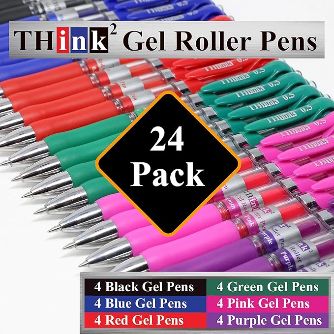THINK2MASTER [24 Pens - 4Black, 4Blue, 4 Red, 4 Green, 4 Pink, 4Purple Ink] Think2 Retractable Gel Pens. Assorted Colors Fine Point (0.5mm) Rollerball Pens with Comfort Grip.