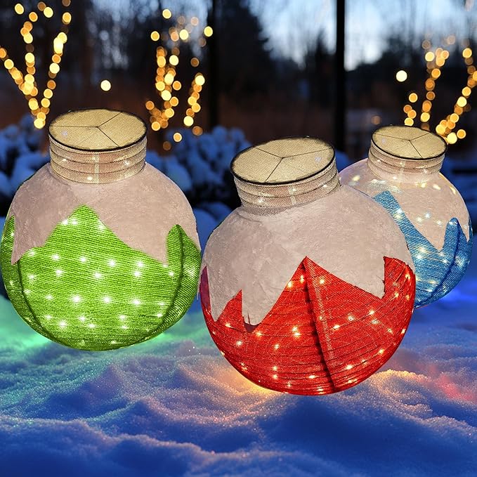 Dazzle Bright Christmas Ball Decorations, 3 Pcs Pre-Lit 270 LED Pop-Up Christmas Ball Set with Base, 8 Modes Lighted Collapsible Balls for Indoor Outdoor Garden Yard Party Xmas Decor