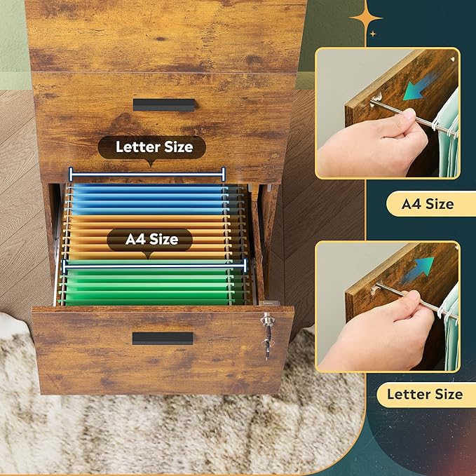 DEVAISE 3 Drawer File Cabinet with Lock, Vertical Wood Filing Cabinet for Home Office, Printer Stand for Letter and A4 Size, Rustic Brown