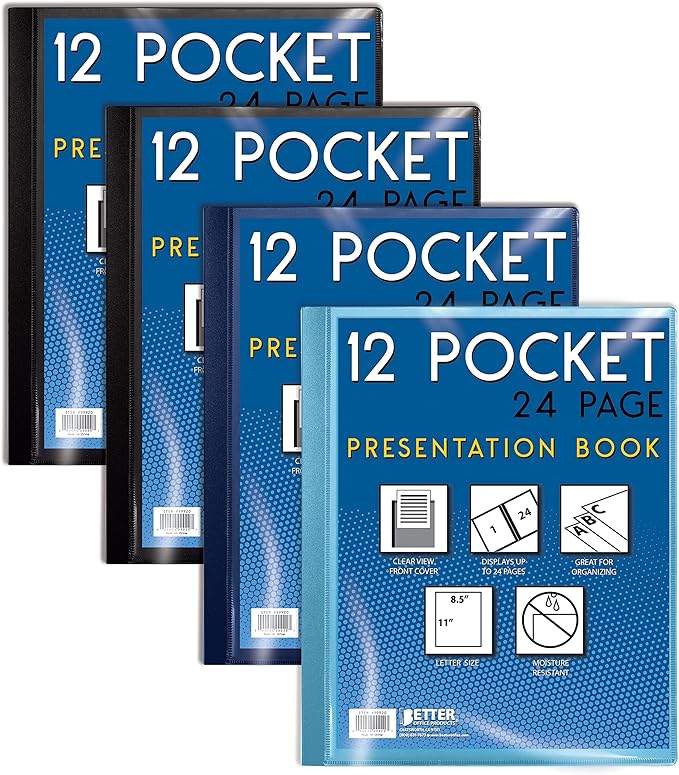 Better Office Products 12 Pocket Bound Presentation Book, Assorted Colors, Clear View Front Cover, 24 Sheet Protector Pages, 8.5" x 11" Sheets, Art Portfolio, Poly Covers, Letter Size (4 Pack)